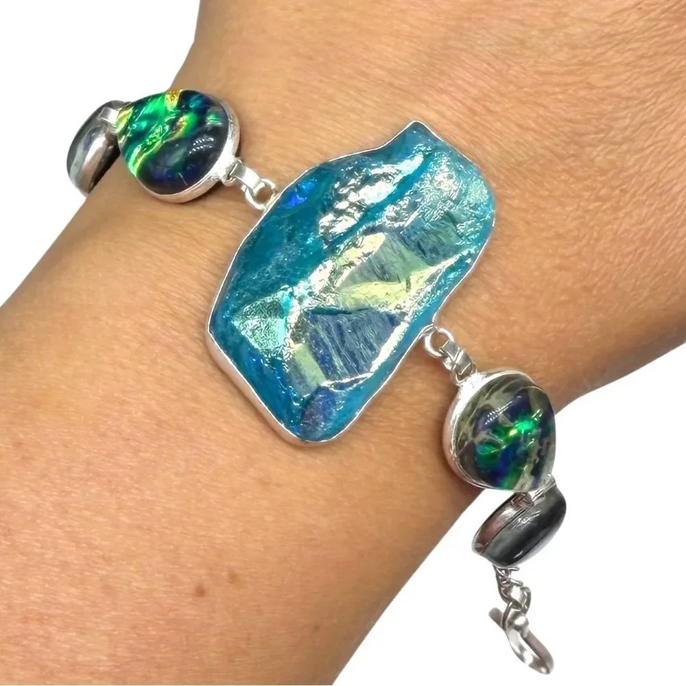 Titanium Quartz & Dichroic Glass Bracelet 925 Sterling Silver Overlay Blue Green